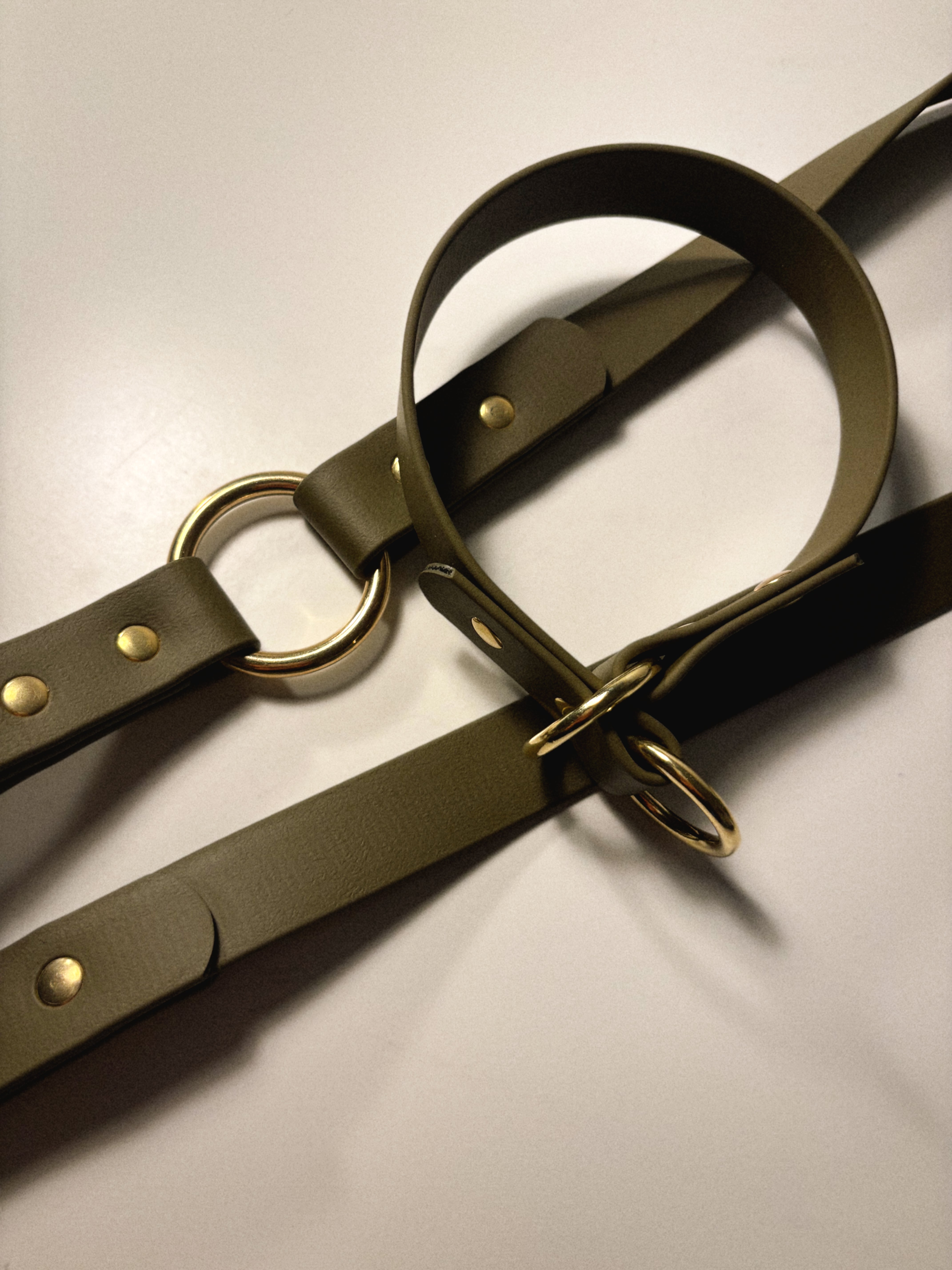 Two olive green biothane dog accessories with gold hardware on a light gray background